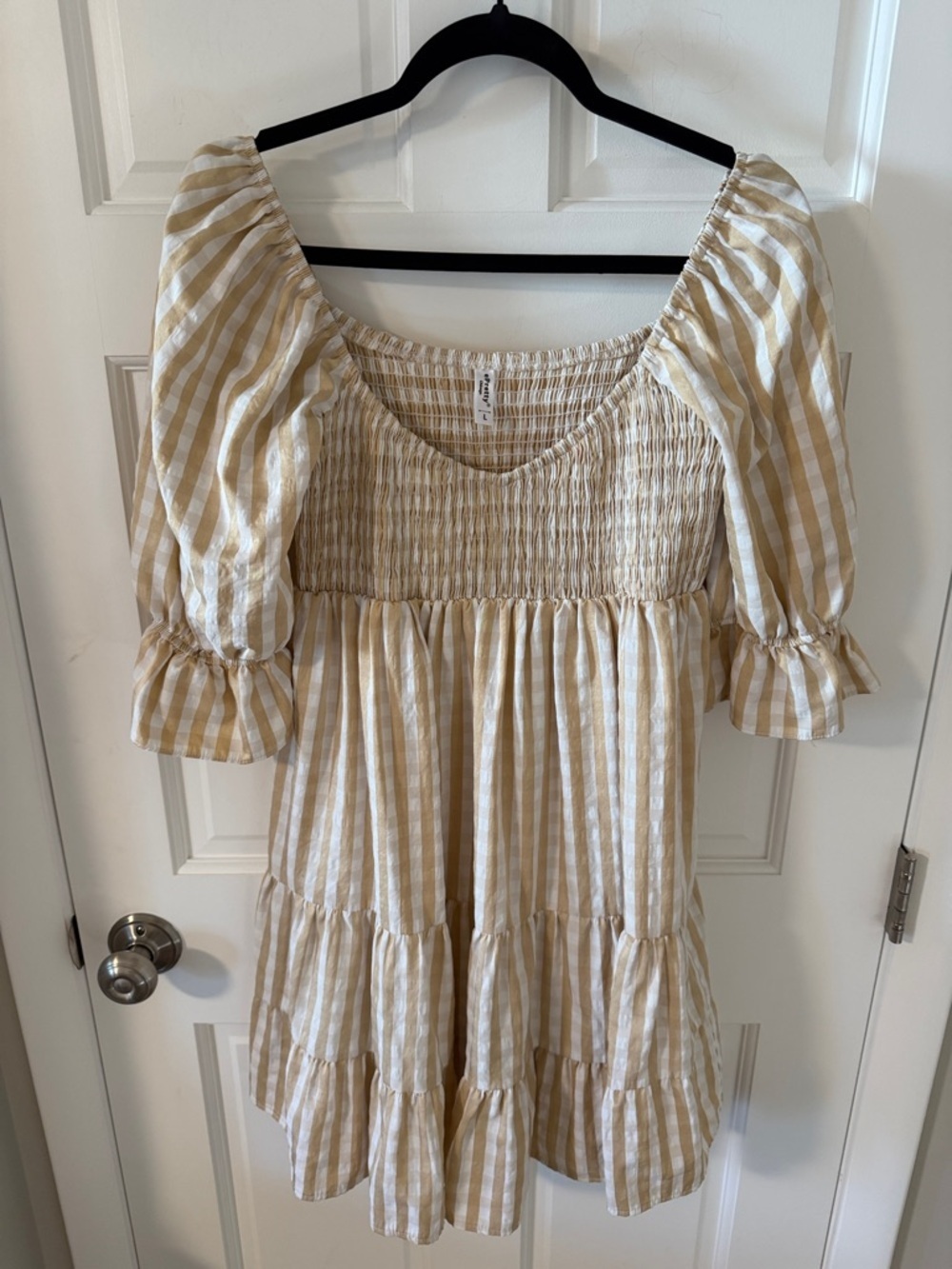 Gingham Smocked Tiered Babydoll Dress Tan/White Cottagecore Boho Large
